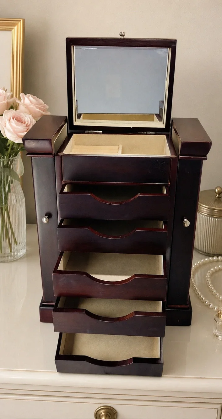 Large Wood Jewelry Box Armoire Mirror 5 Drawers Side Doors Necklace Storage